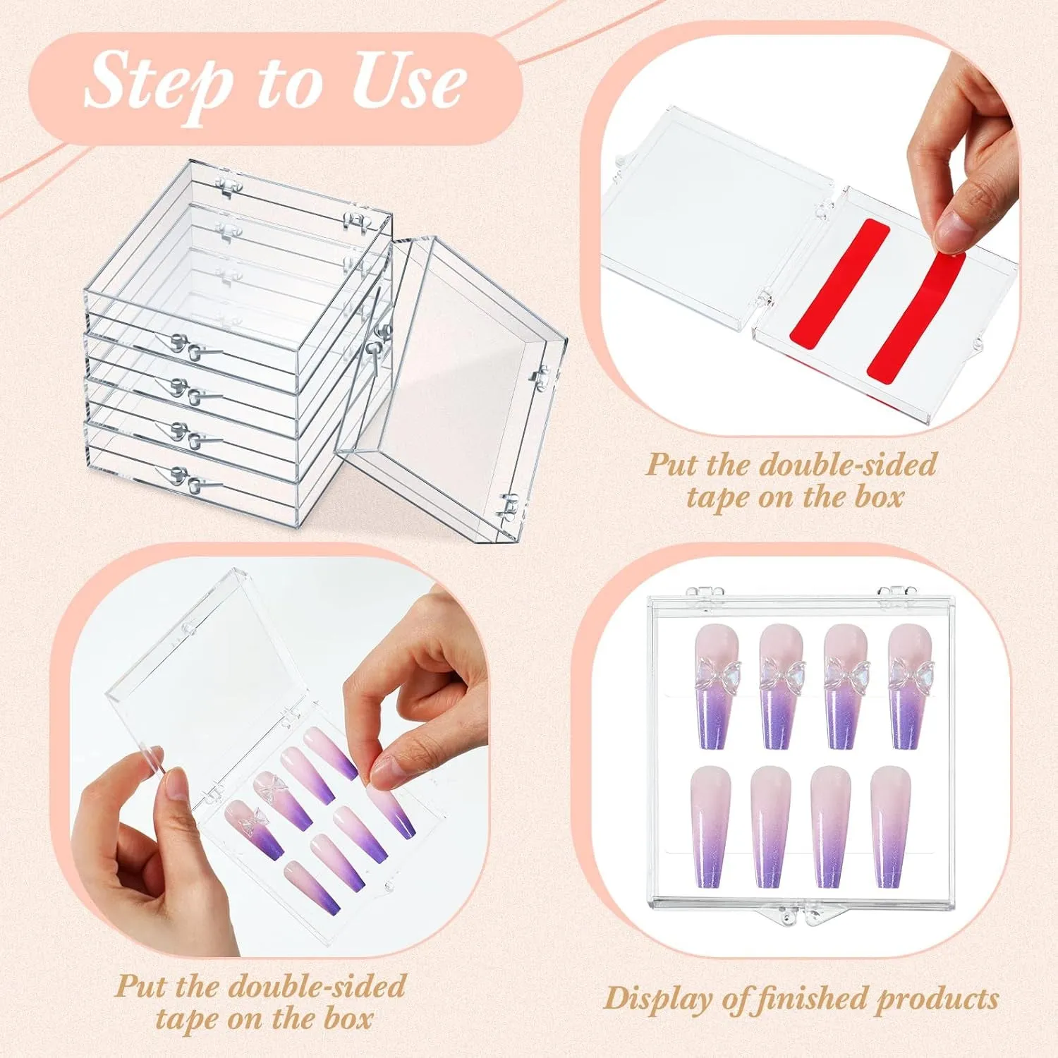 15 Pcs Press on Nail Boxes Nail Display Case 30 Pcs Adhesive Double Sided Tape Press on Nail Packaging Artificial Press on Nail Container Acrylic Storage Organizer for Nail Packaging(Clear)