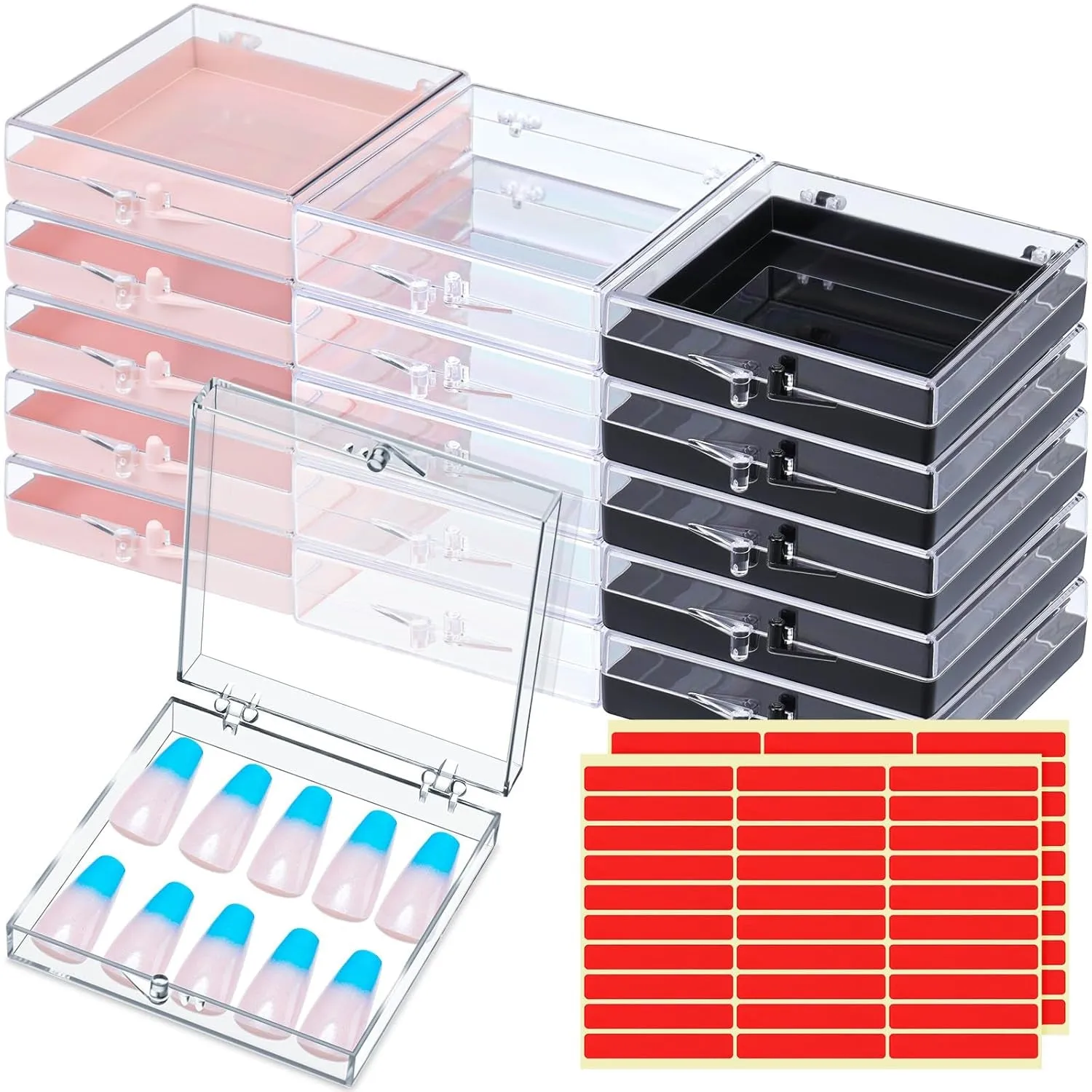 15 Pcs Press on Nail Boxes Nail Display Case 30 Pcs Adhesive Double Sided Tape Press on Nail Packaging Artificial Press on Nail Container Acrylic Storage Organizer for Nail Packaging(Clear)