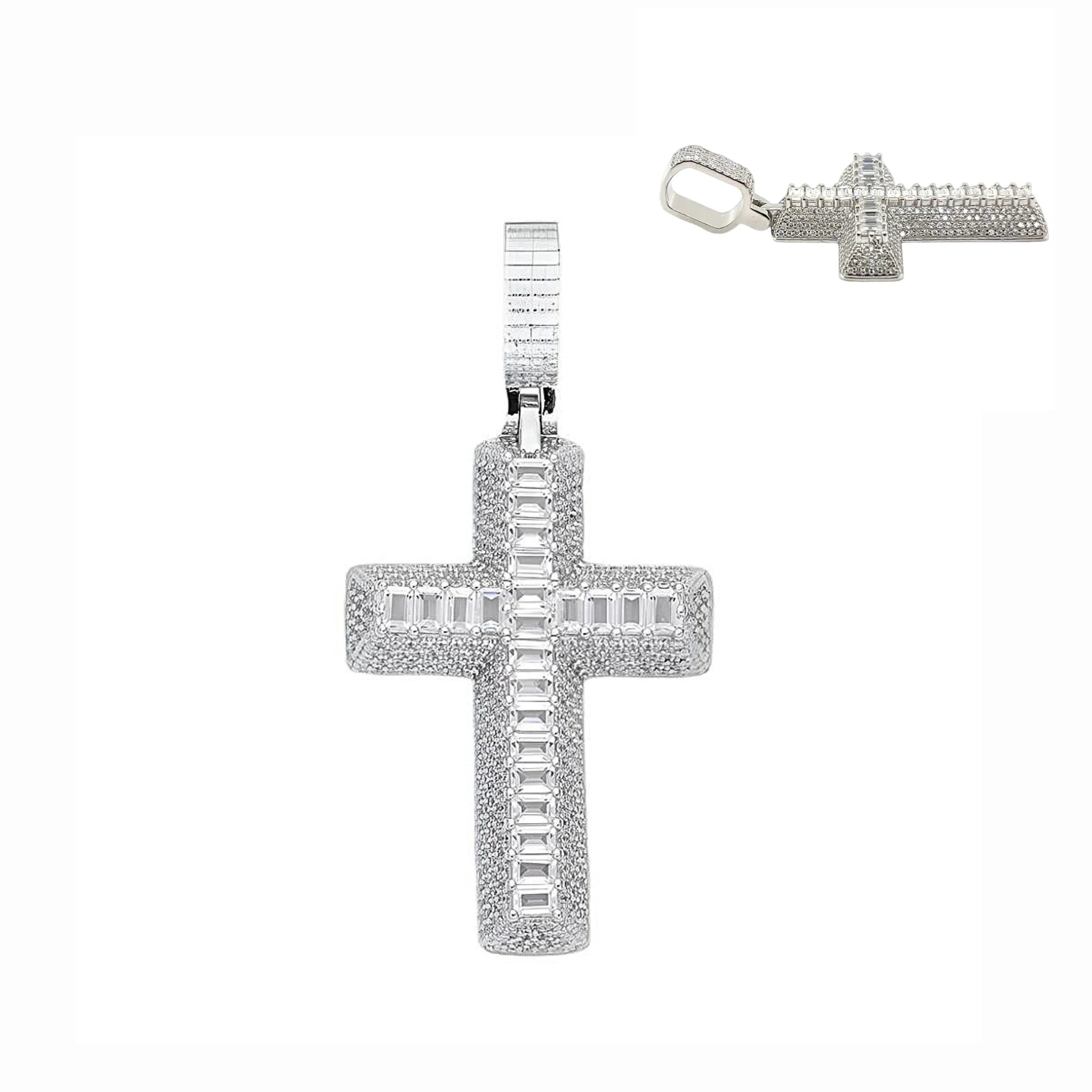 1.5" Cross Religious Iced Out Pendant Charm adorned with Round and Baguette Cubic Zirconia - C417539