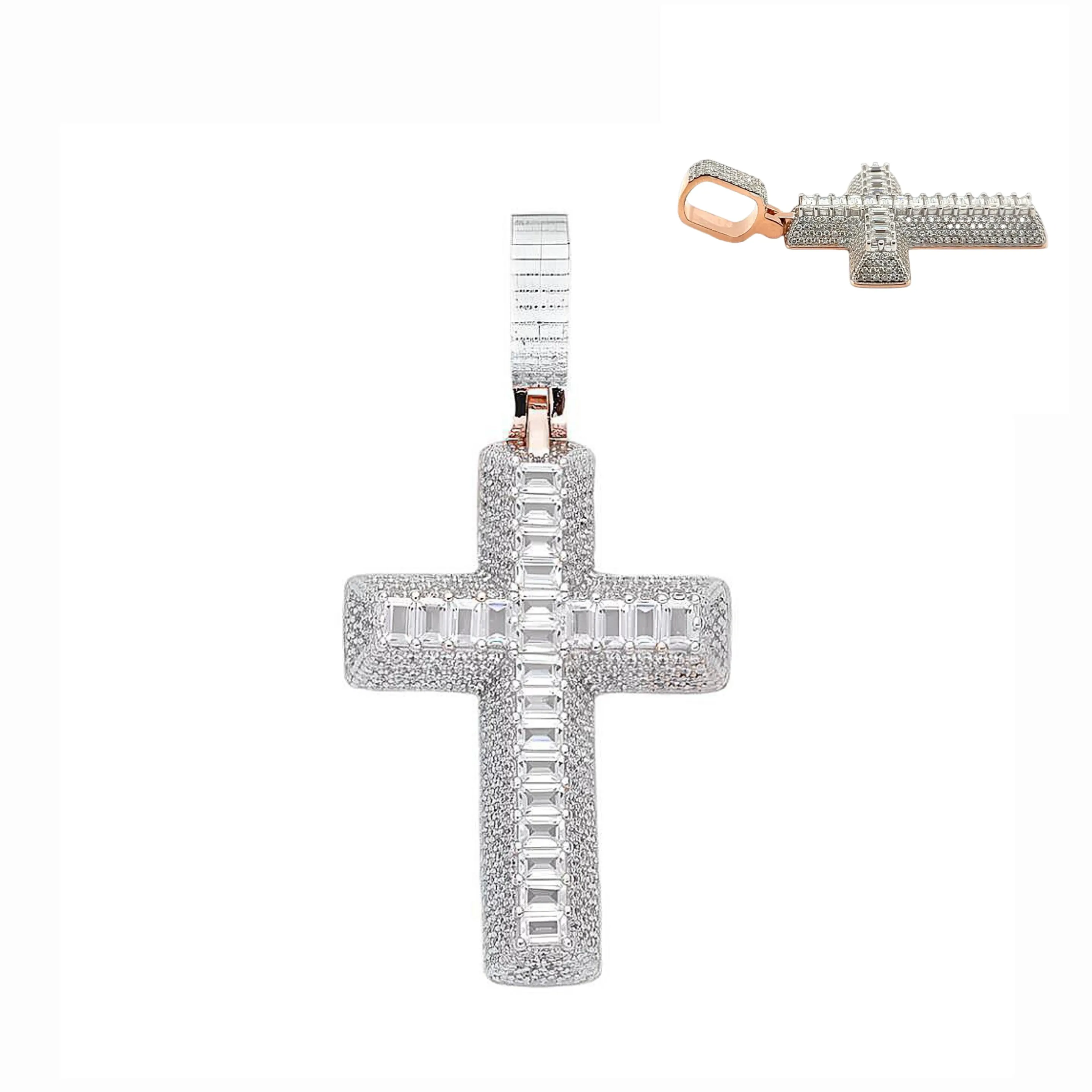 1.5" Cross Religious Iced Out Pendant Charm adorned with Round and Baguette Cubic Zirconia - C417539