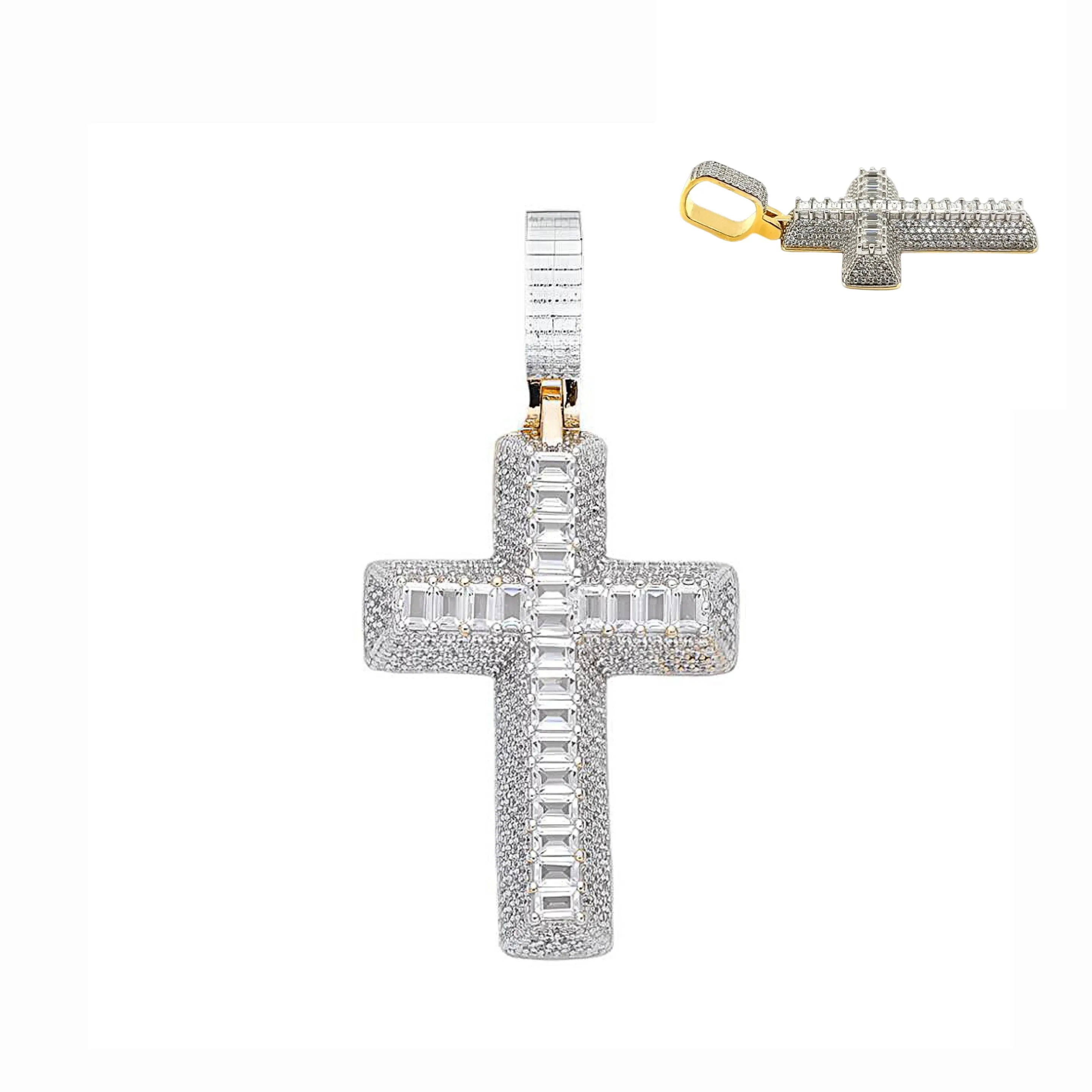 1.5" Cross Religious Iced Out Pendant Charm adorned with Round and Baguette Cubic Zirconia - C417539