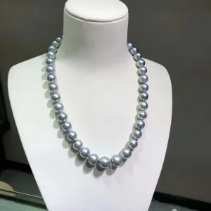 16 Inch Choker 10.0-12.0 mm Round Tahitian Silver Blue Pearl Necklace