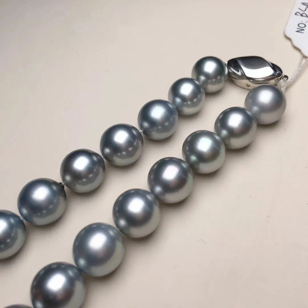 16 Inch Choker 10.0-12.0 mm Round Tahitian Silver Blue Pearl Necklace