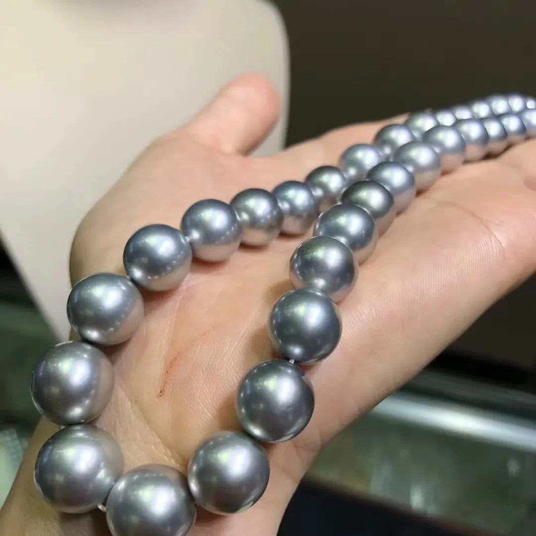 16 Inch Choker 10.0-12.0 mm Round Tahitian Silver Blue Pearl Necklace