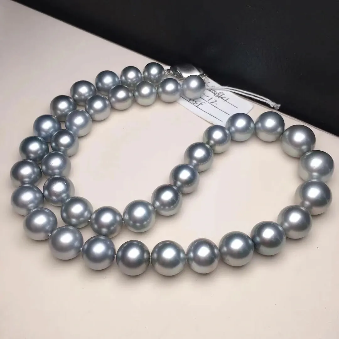 16 Inch Choker 10.0-12.0 mm Round Tahitian Silver Blue Pearl Necklace