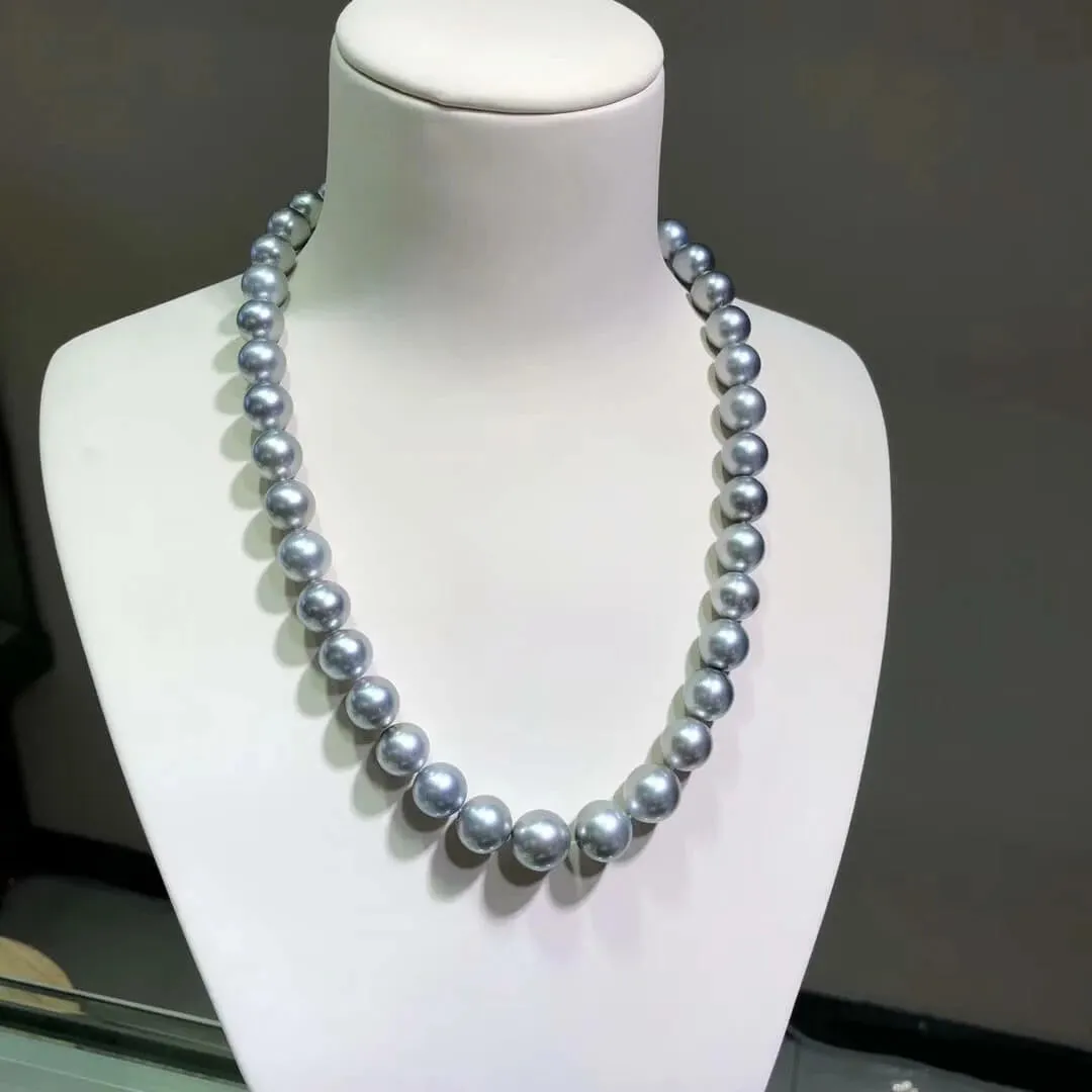 16 Inch Choker 10.0-12.0 mm Round Tahitian Silver Blue Pearl Necklace
