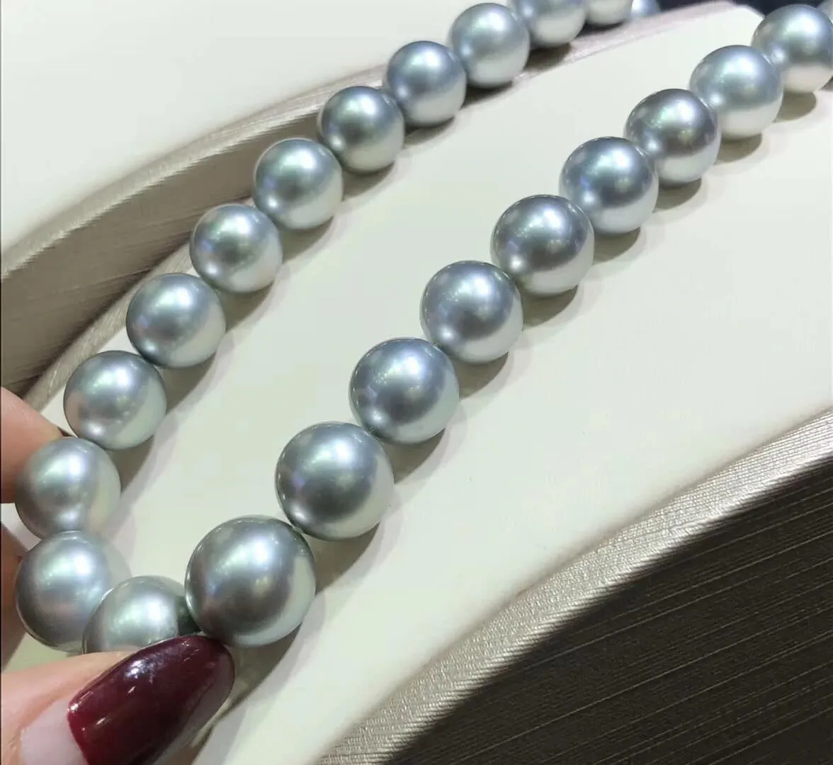16 Inch Choker 10.0-12.0 mm Round Tahitian Silver Blue Pearl Necklace