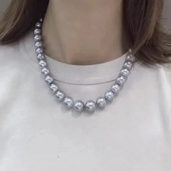 16 Inch Choker 10.0-12.0 mm Round Tahitian Silver Blue Pearl Necklace