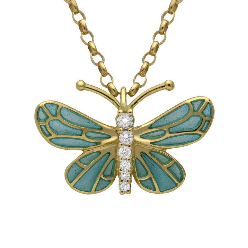 18ct Yellow Gold 0.09ct Diamond Enamel Style & Fashion Butterfly Necklace