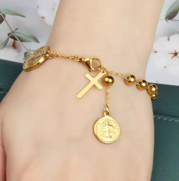 18K Gold San Benito Bracelet Beaded Religious Jewelry with Cross Pendant