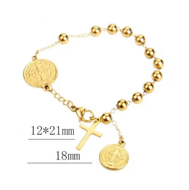 18K Gold San Benito Bracelet Beaded Religious Jewelry with Cross Pendant