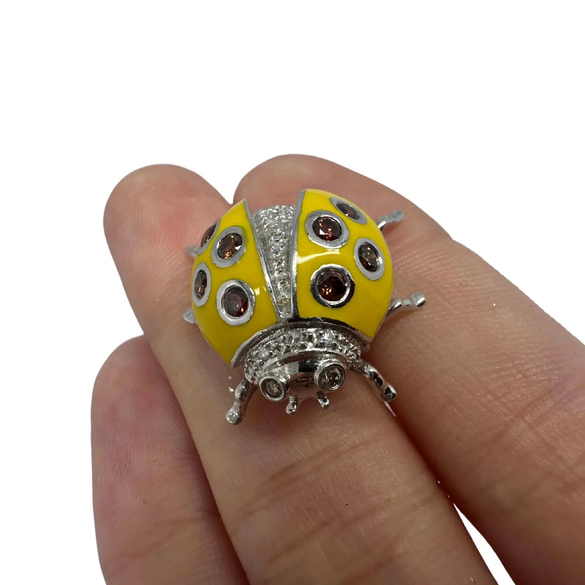18K White Gold Brown and White Diamond Yellow Lady Bug Brooch