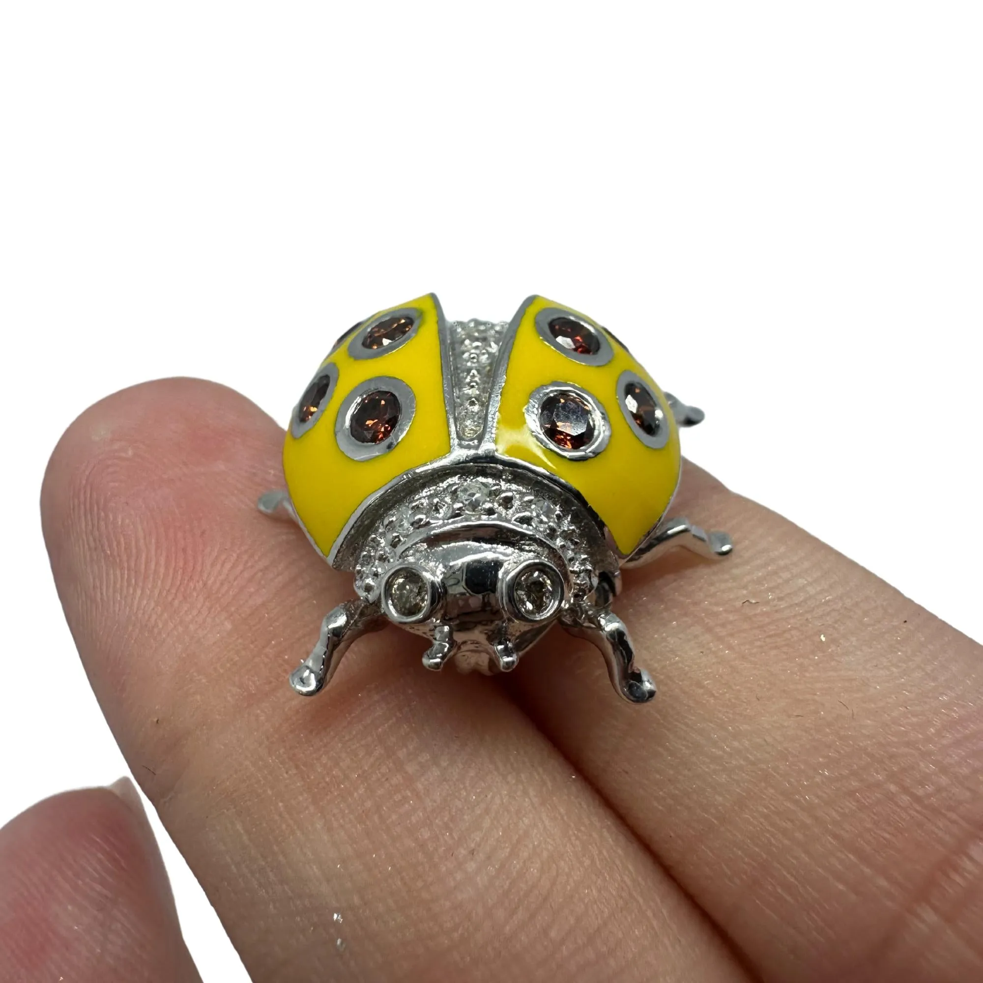 18K White Gold Brown and White Diamond Yellow Lady Bug Brooch