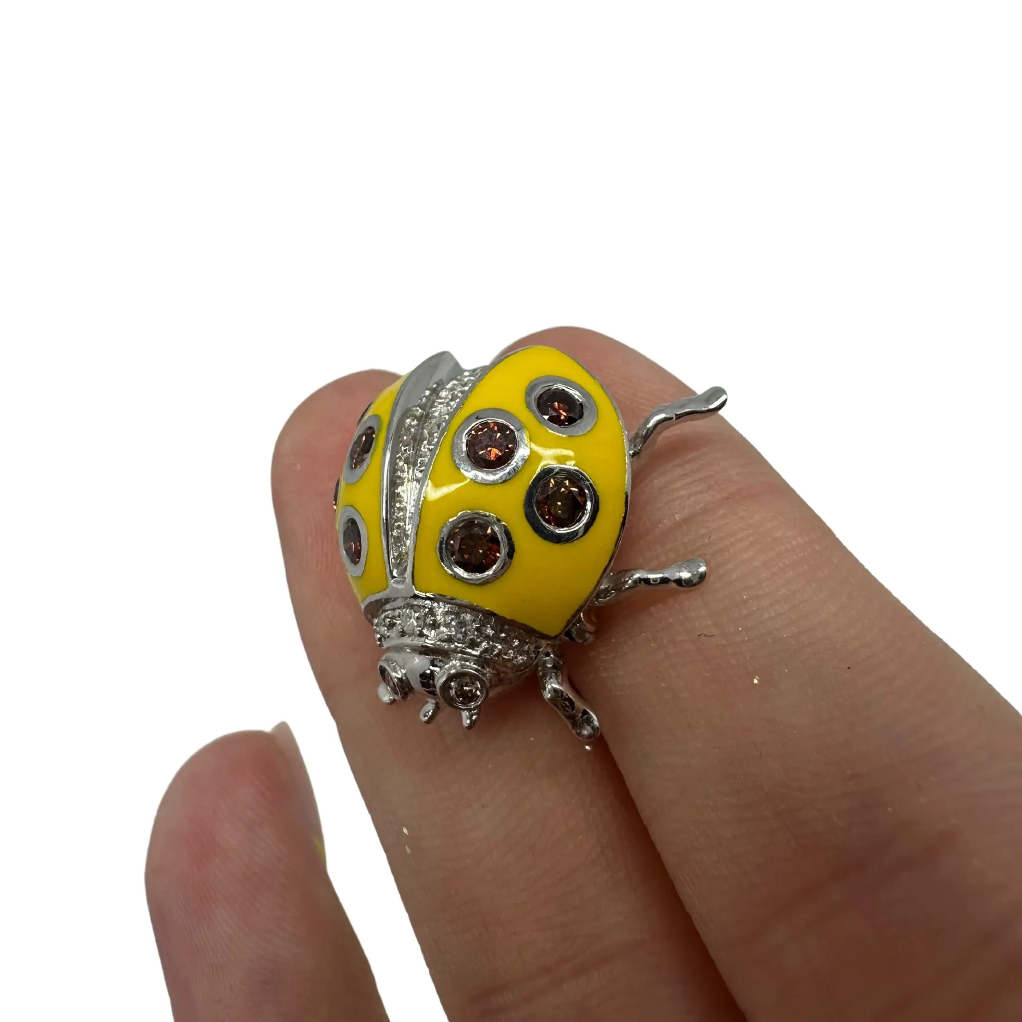 18K White Gold Brown and White Diamond Yellow Lady Bug Brooch