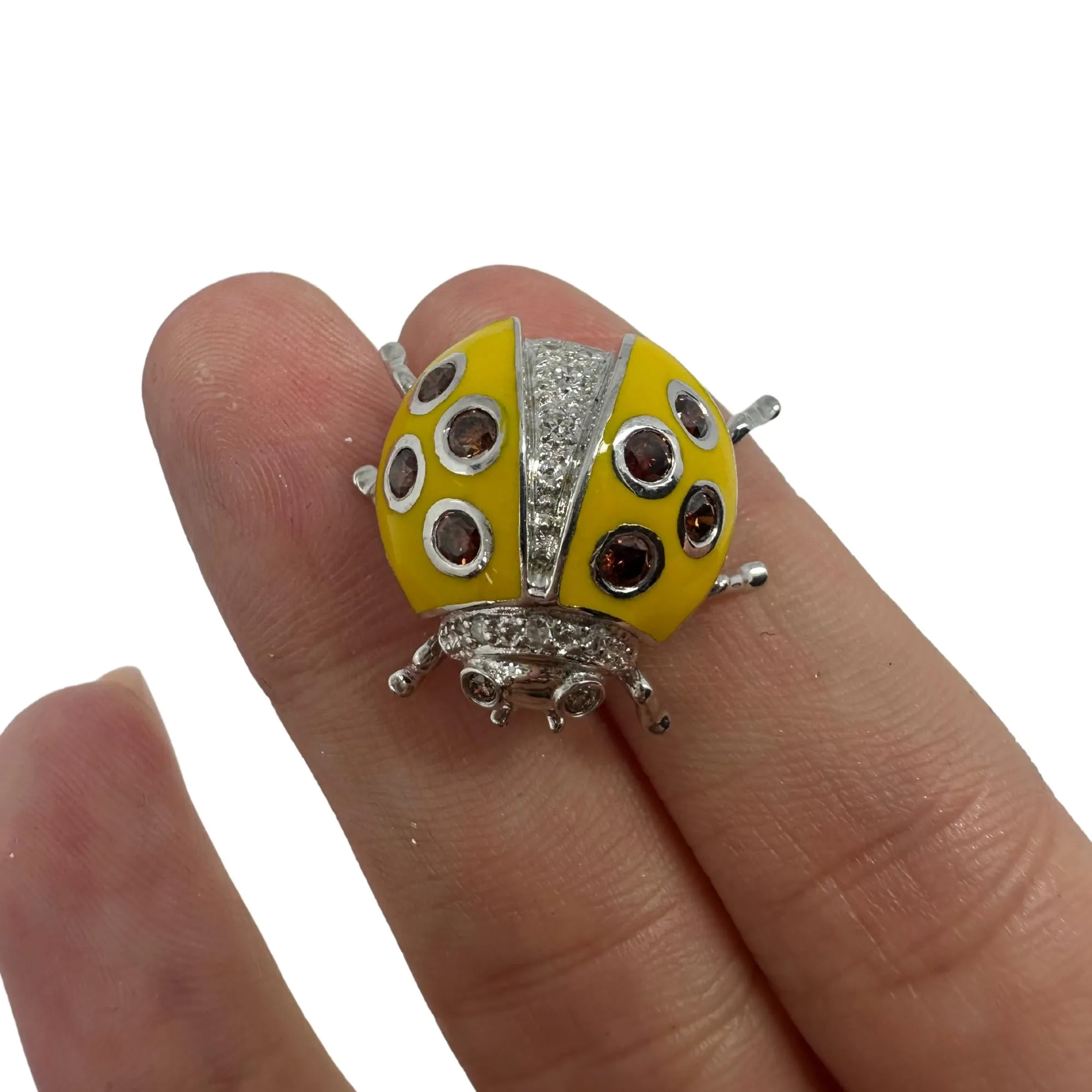 18K White Gold Brown and White Diamond Yellow Lady Bug Brooch