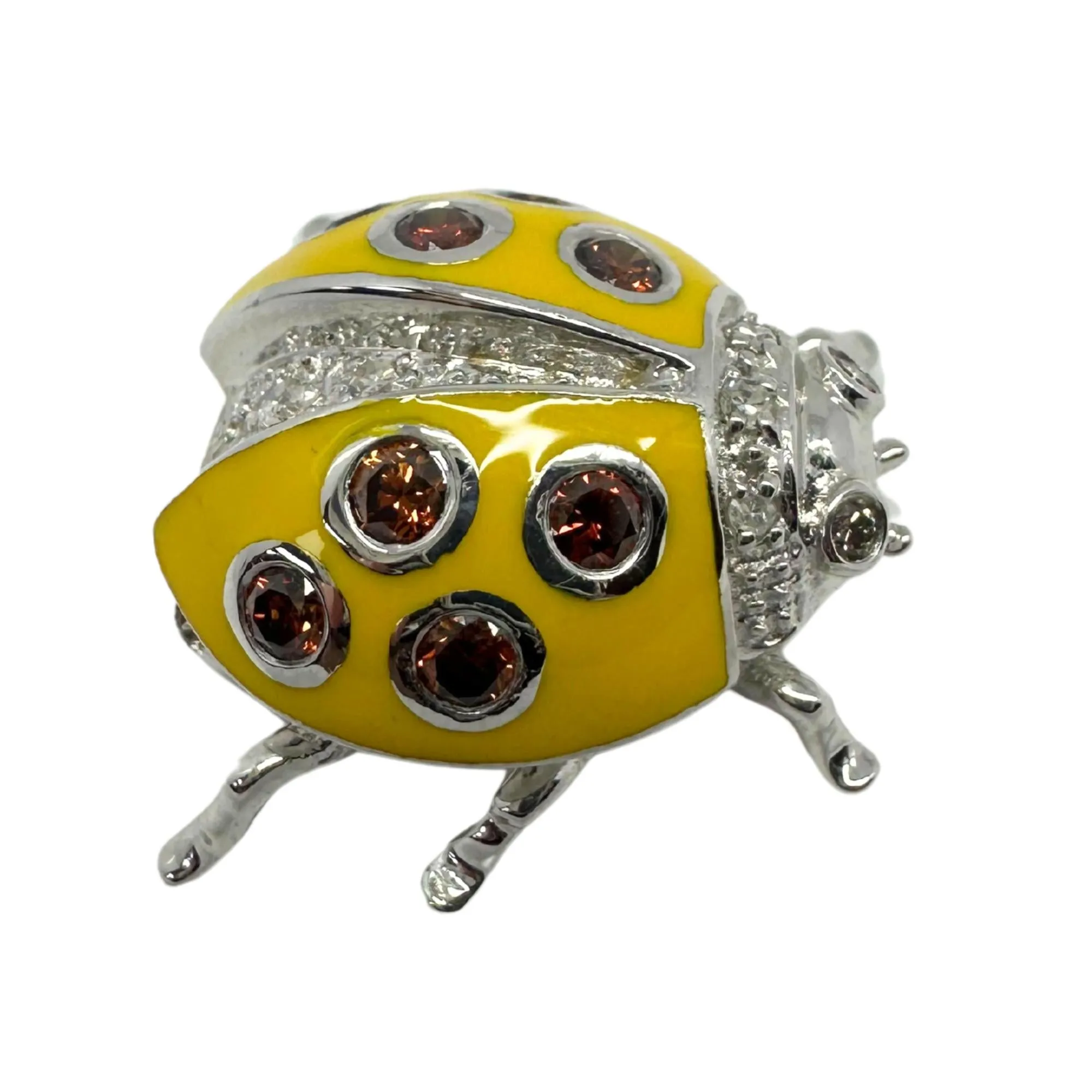 18K White Gold Brown and White Diamond Yellow Lady Bug Brooch