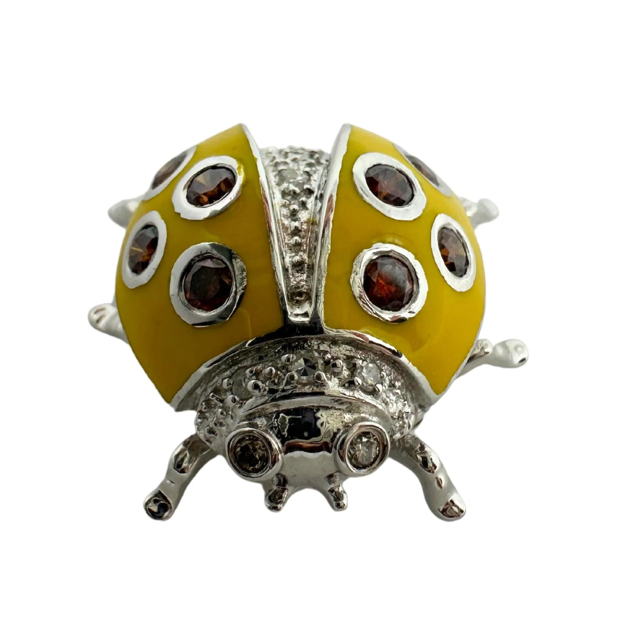 18K White Gold Brown and White Diamond Yellow Lady Bug Brooch