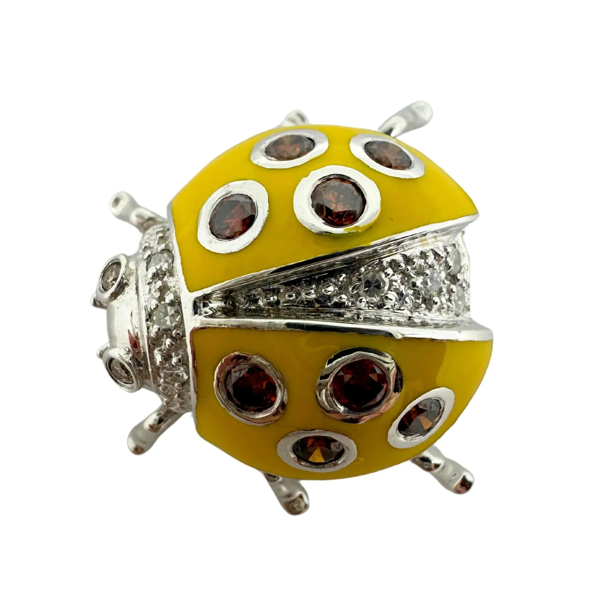 18K White Gold Brown and White Diamond Yellow Lady Bug Brooch