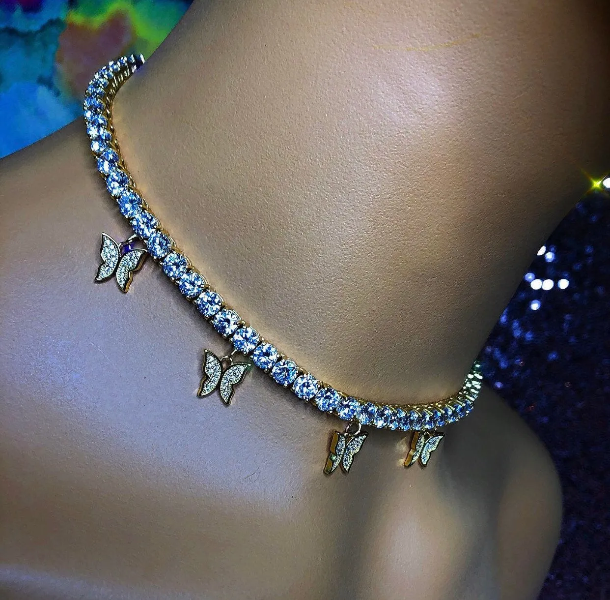 2 piece SET gold cuban  butterfly tennis choker , cz tennis butterfly necklace ,cuban bling iced tennis butterfly, butterfly necklace