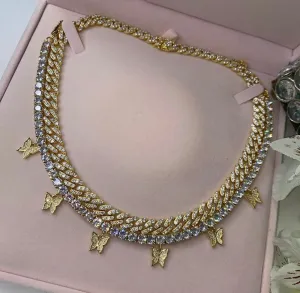 2 piece SET gold cuban  butterfly tennis choker , cz tennis butterfly necklace ,cuban bling iced tennis butterfly, butterfly necklace