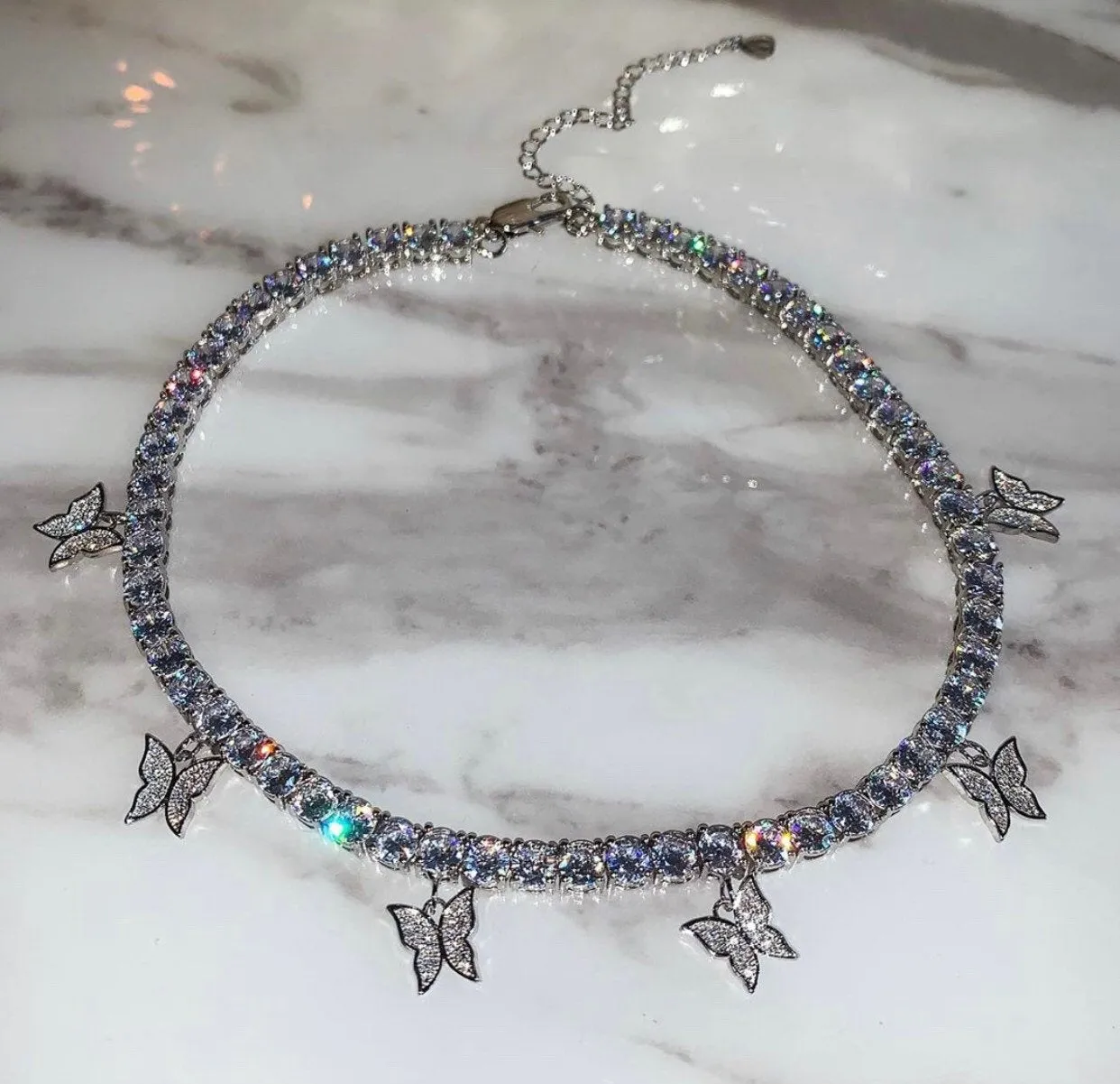 2 piece SET gold cuban  butterfly tennis choker , cz tennis butterfly necklace ,cuban bling iced tennis butterfly, butterfly necklace