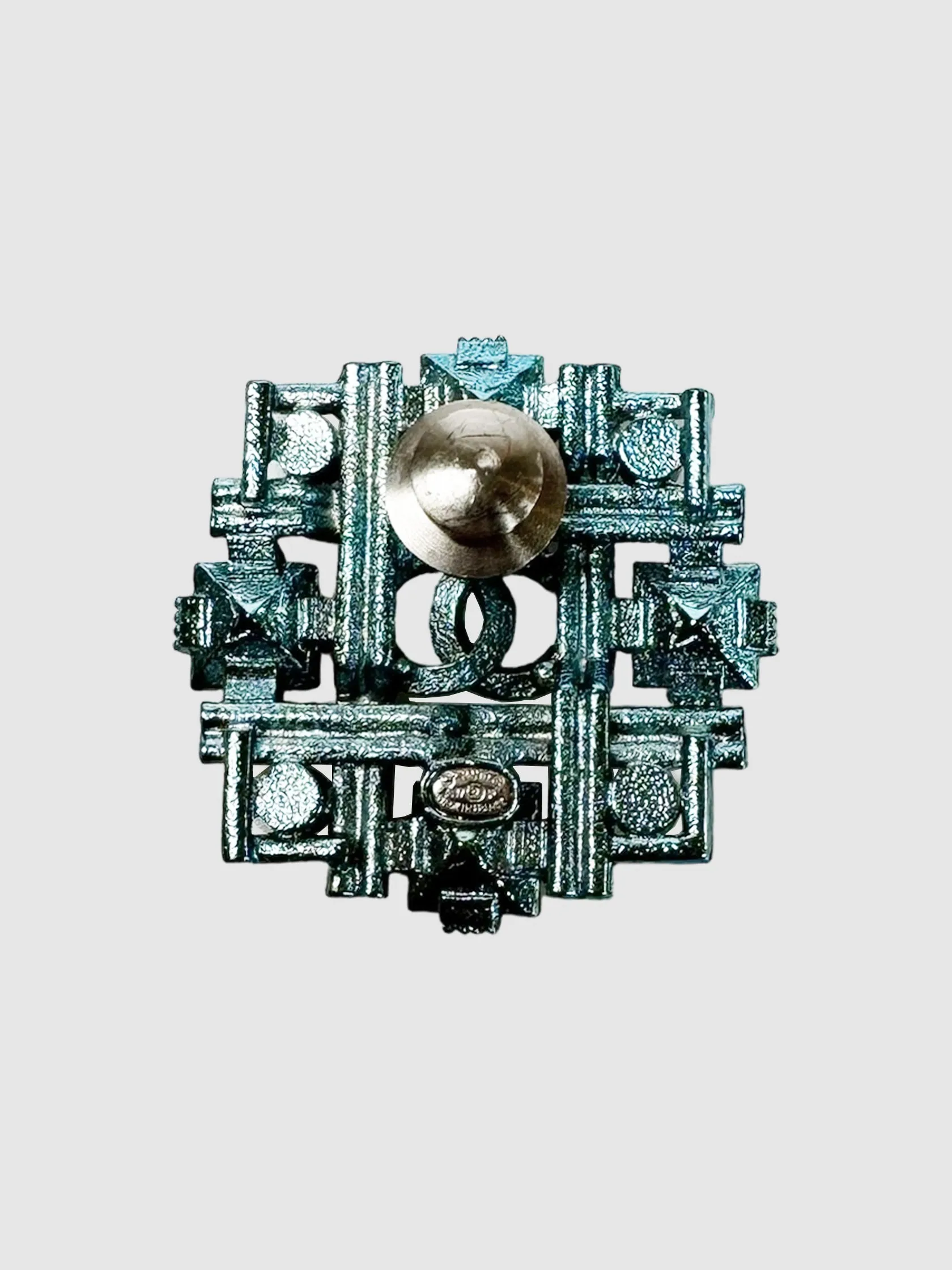 2017 Metal and Glass Round CC Brooch