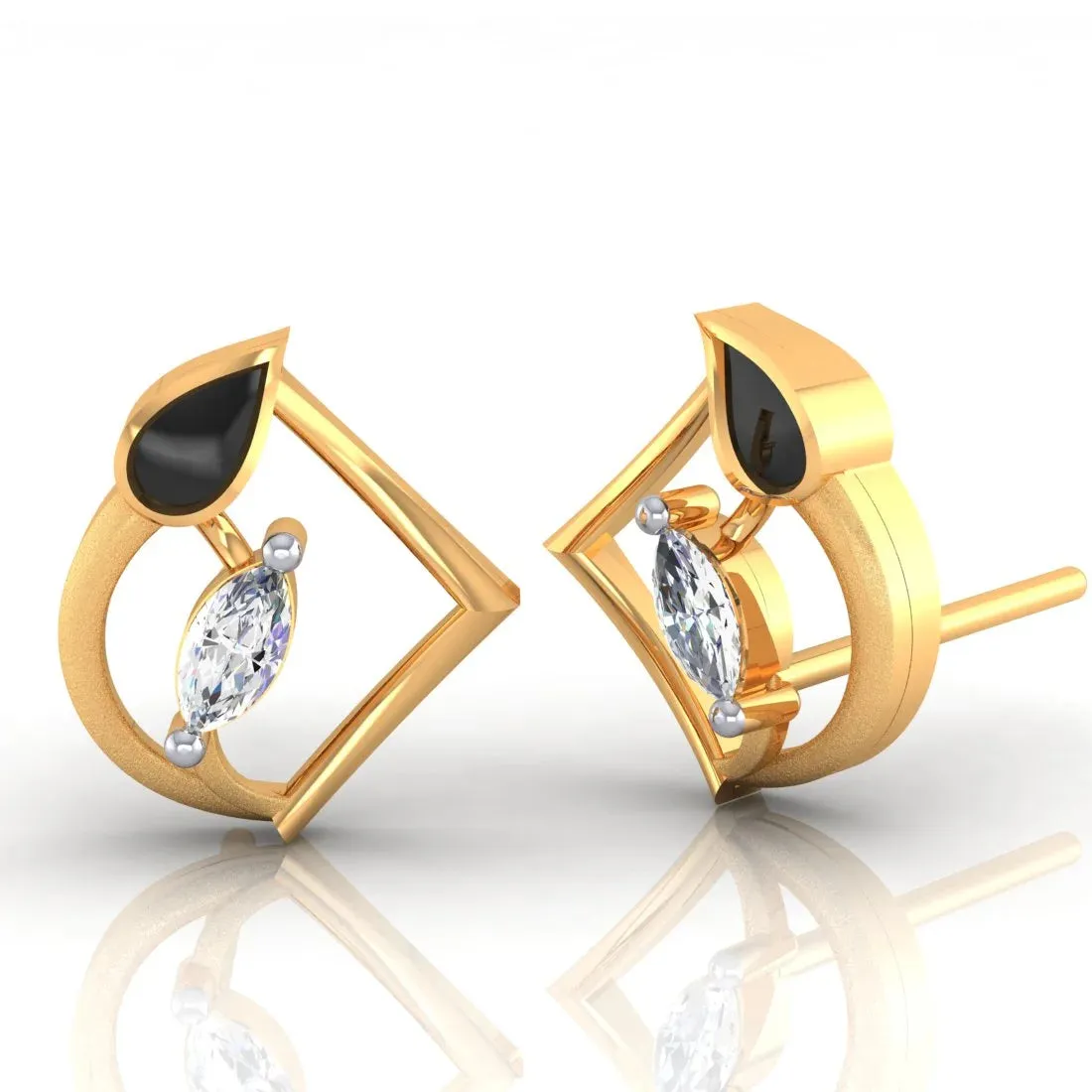 22k (916) Gold Earrings Teardrop Geometric Studs With Black Meena And Embedded Stones