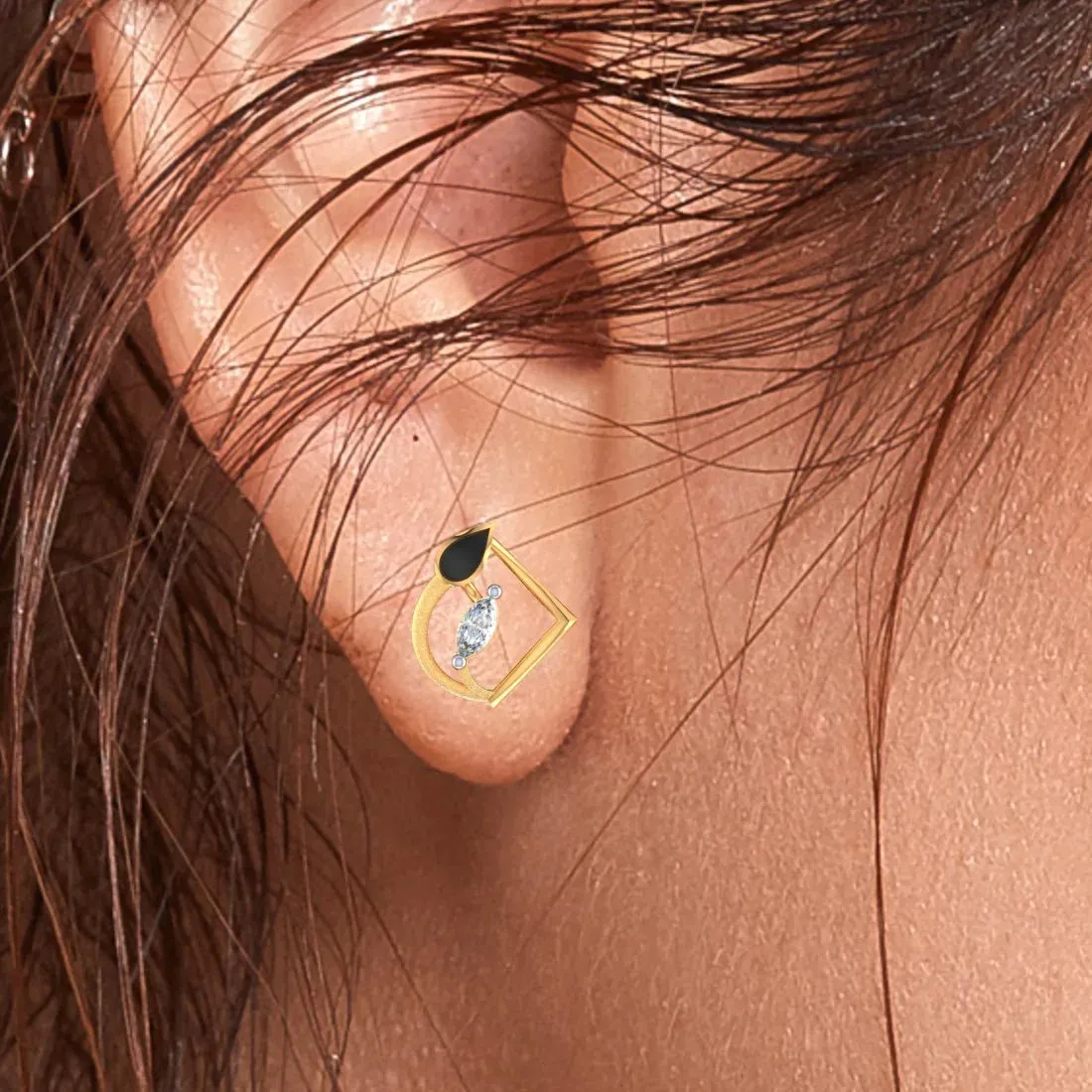 22k (916) Gold Earrings Teardrop Geometric Studs With Black Meena And Embedded Stones