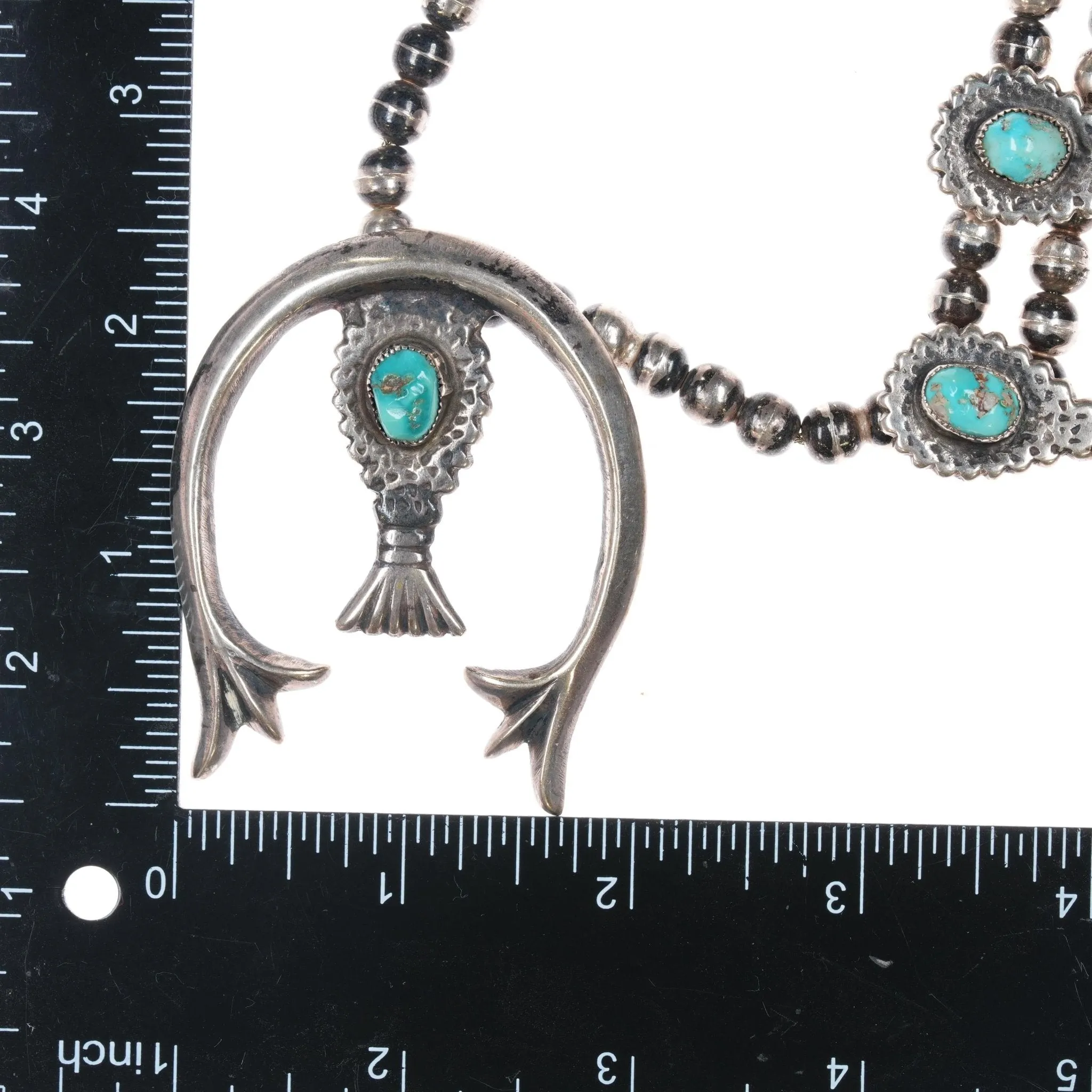 27" c1960's Native American cast silver and turquoise squash blossom necklace