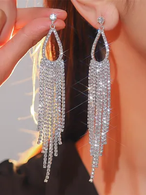 2pcs Full Diamond Geometric Decor Tassels Earrings