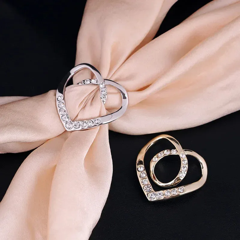 2pcs Shirt Knotted Heart Scarf Brooches Crystal Silk Scarf Buckle Brooch Shawl Ring Clip Scarves Fastener Button Pin Accessories