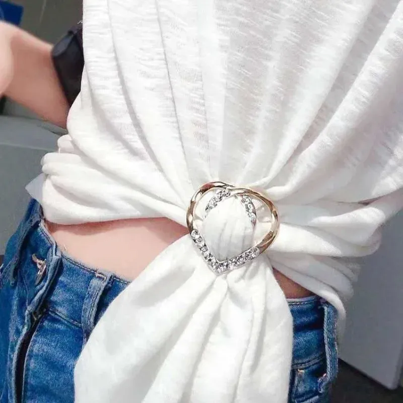 2pcs Shirt Knotted Heart Scarf Brooches Crystal Silk Scarf Buckle Brooch Shawl Ring Clip Scarves Fastener Button Pin Accessories