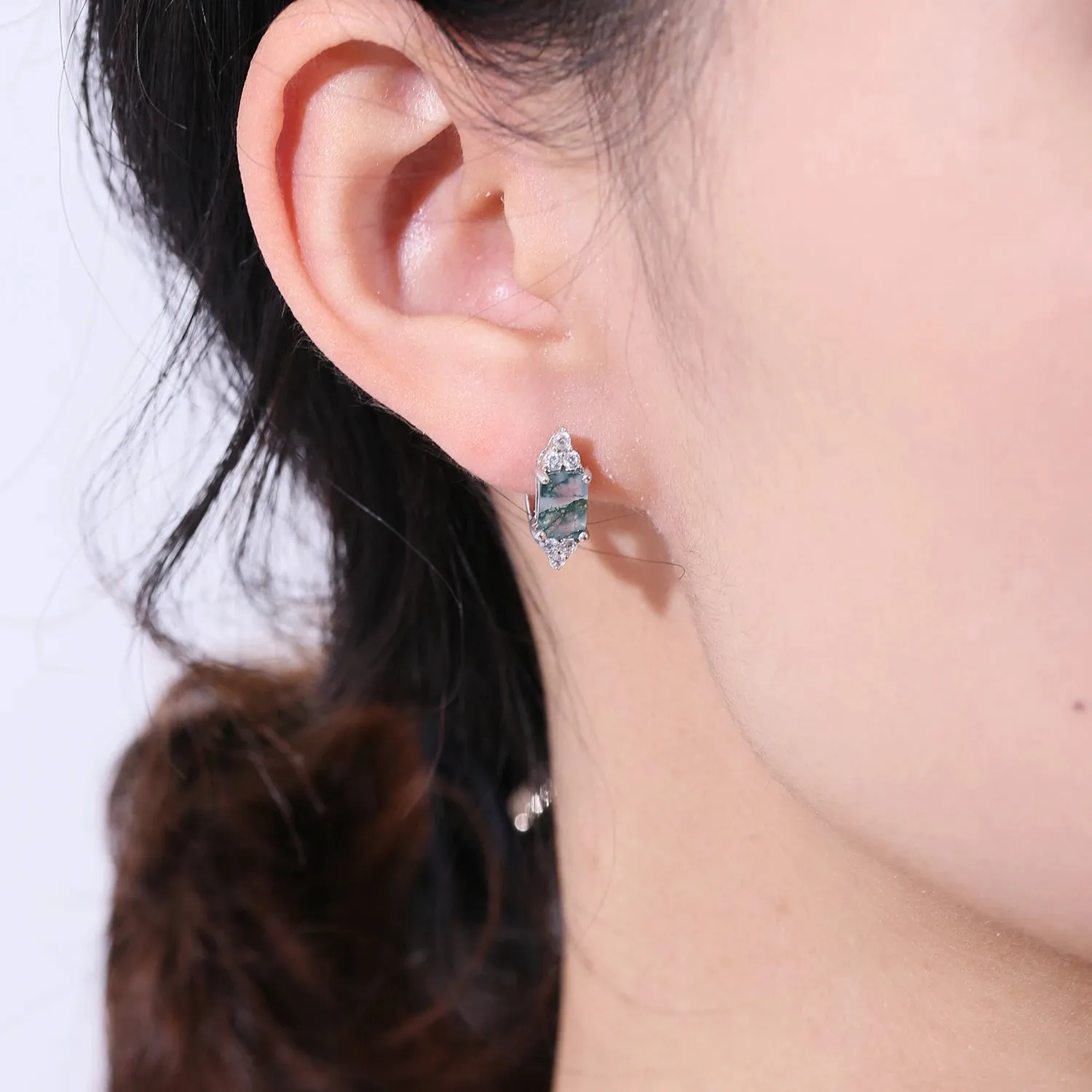 5x7mm Octagon Cut Moss Agate Stud Earrings in 925 Sterling Silver – Dainty Wedding Earrings