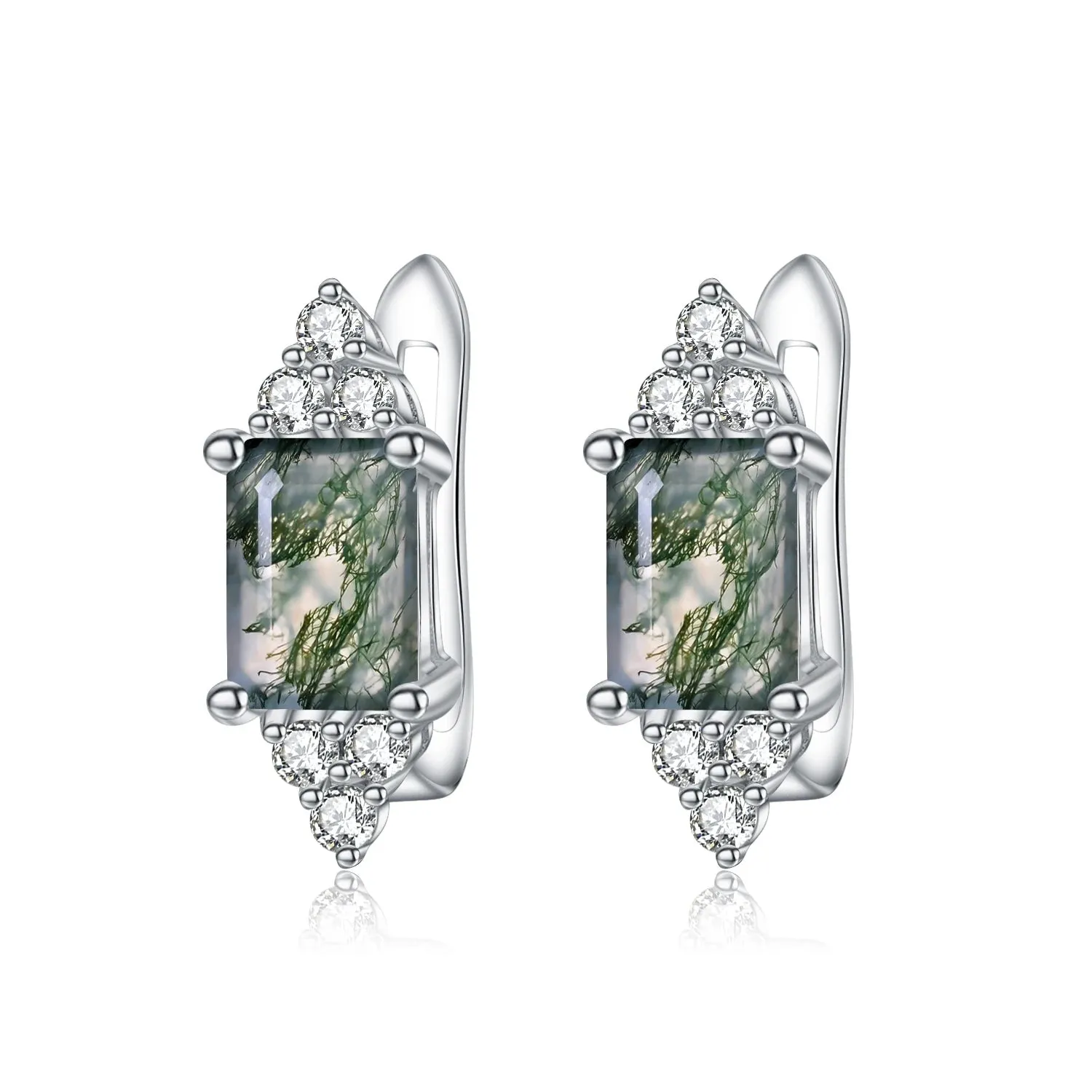 5x7mm Octagon Cut Moss Agate Stud Earrings in 925 Sterling Silver – Dainty Wedding Earrings