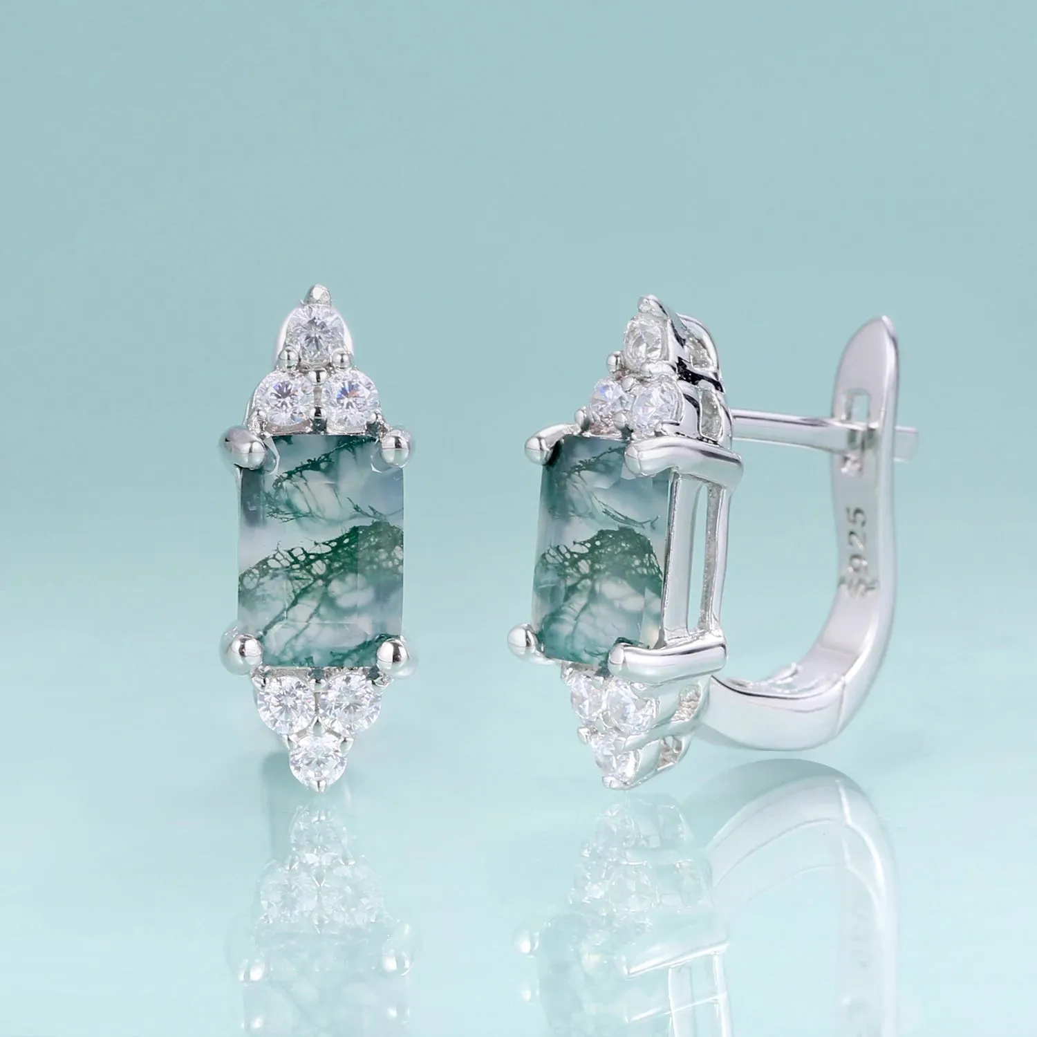 5x7mm Octagon Cut Moss Agate Stud Earrings in 925 Sterling Silver – Dainty Wedding Earrings
