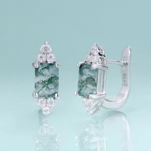5x7mm Octagon Cut Moss Agate Stud Earrings in 925 Sterling Silver – Dainty Wedding Earrings