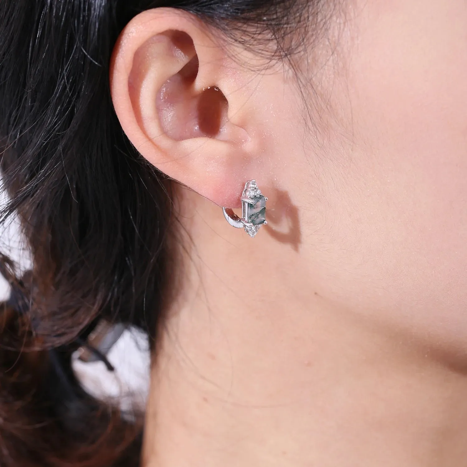 5x7mm Octagon Cut Moss Agate Stud Earrings in 925 Sterling Silver – Dainty Wedding Earrings