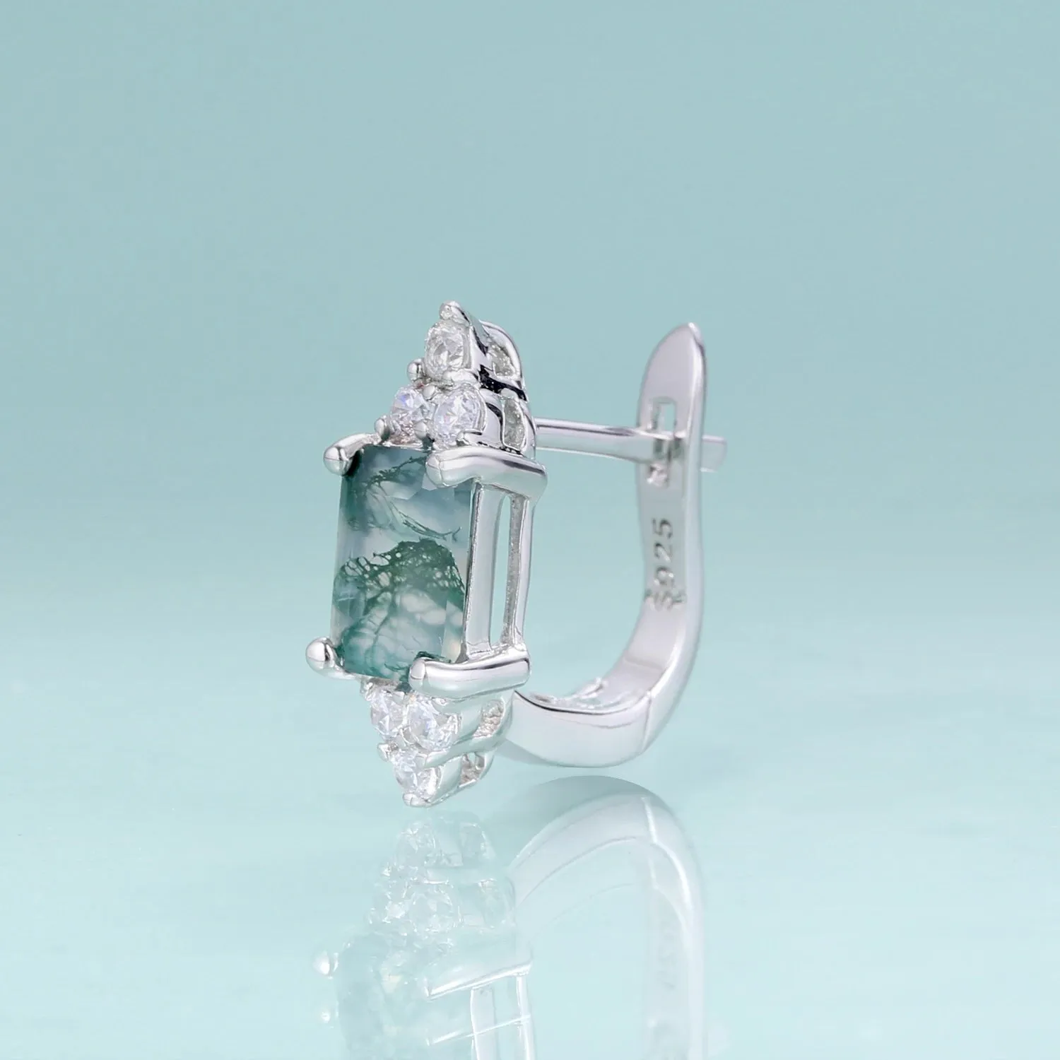 5x7mm Octagon Cut Moss Agate Stud Earrings in 925 Sterling Silver – Dainty Wedding Earrings