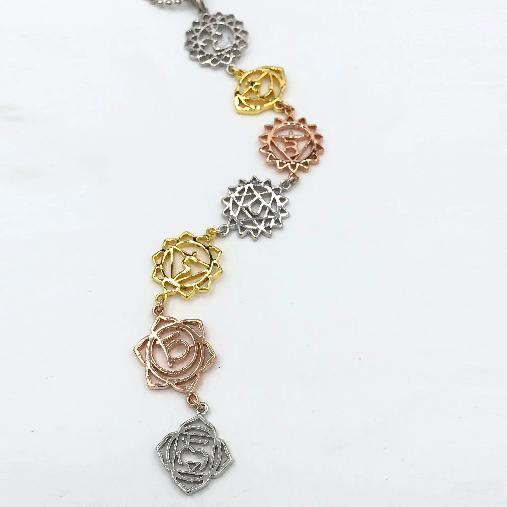 7 Chakras Necklace Tri Color Rose Gold, Silver, and Yellow gold