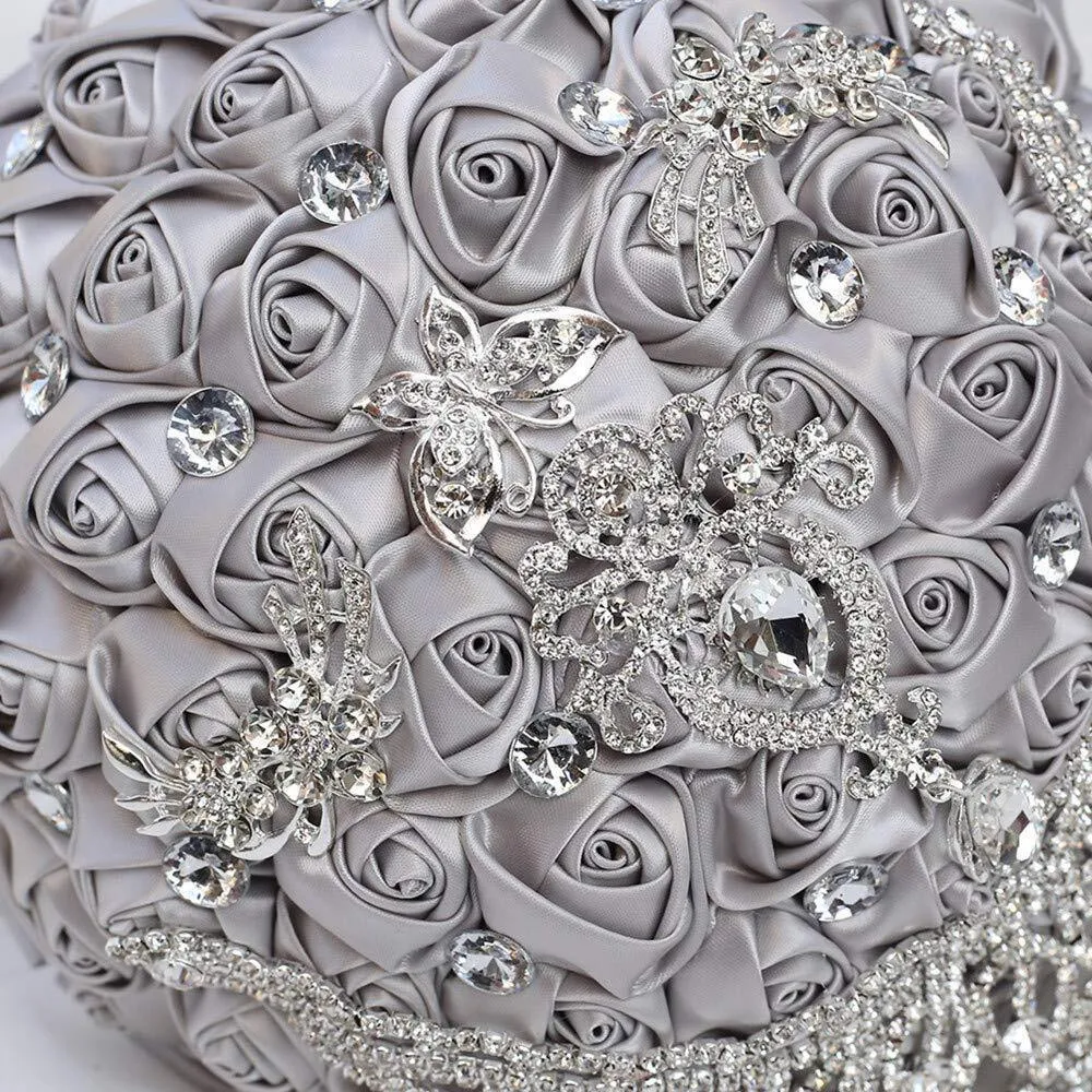 7.1 Inch Handmade Satin Rose Bridal Bouquet Toss Round Wedding Bouquet