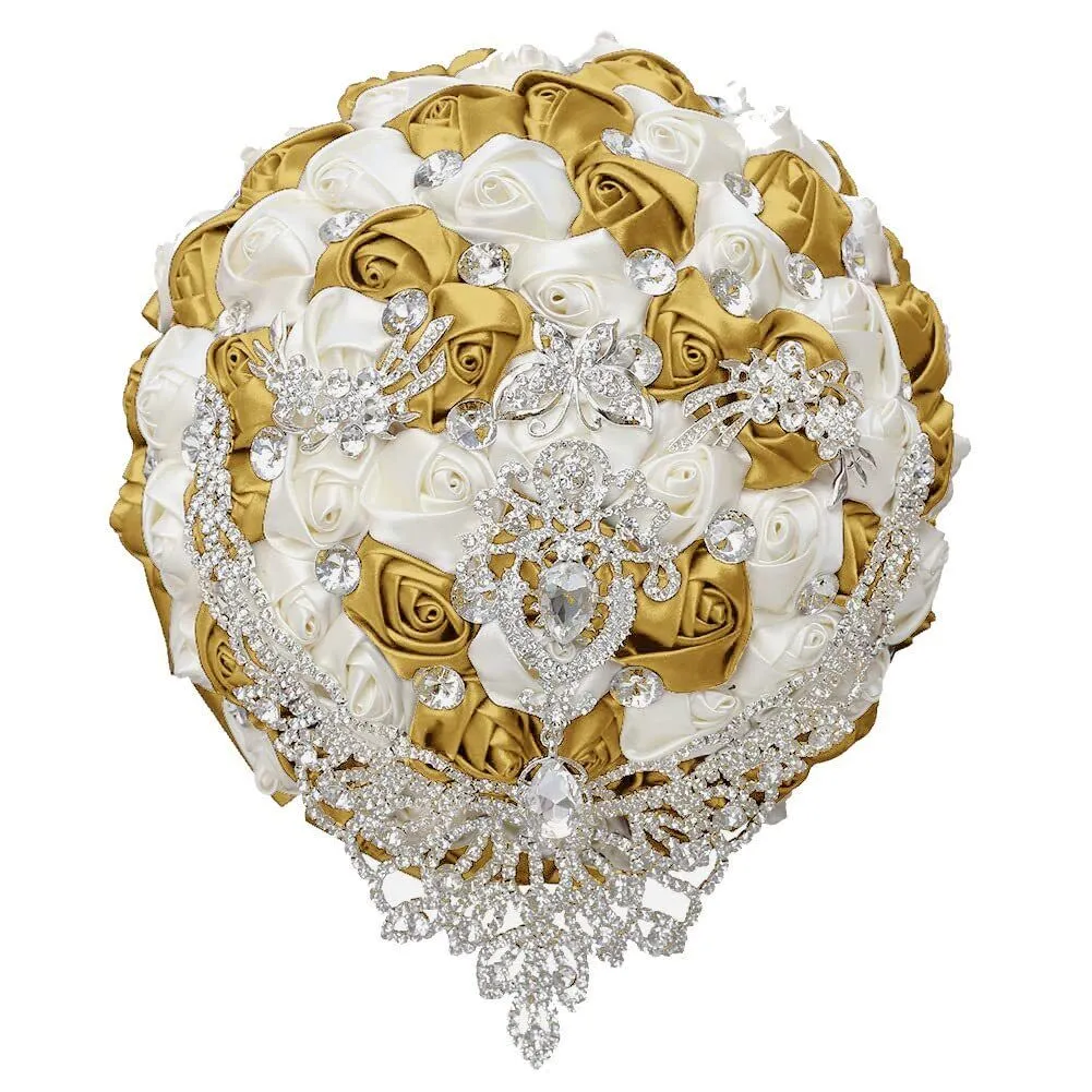 7.1 Inch Handmade Satin Rose Bridal Bouquet Toss Round Wedding Bouquet