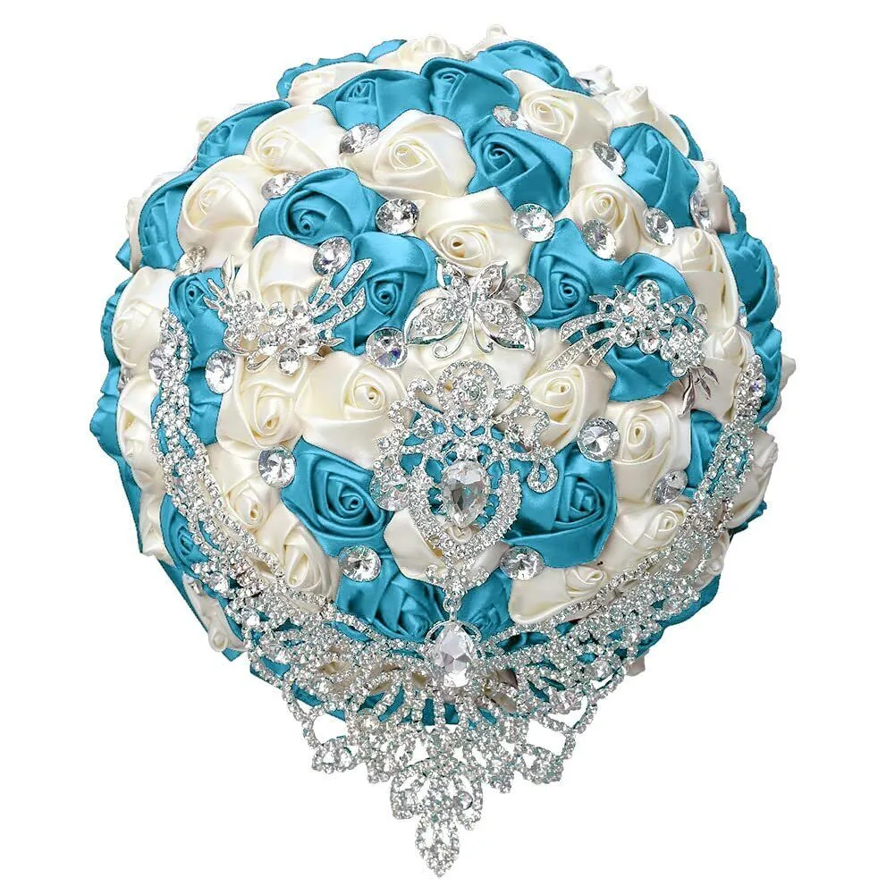 7.1 Inch Handmade Satin Rose Bridal Bouquet Toss Round Wedding Bouquet