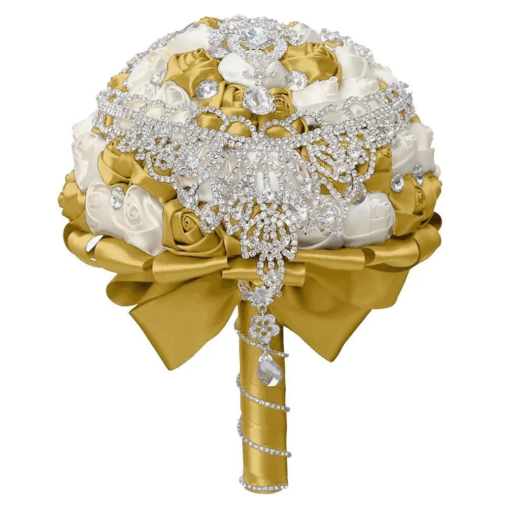 7.1 Inch Handmade Satin Rose Bridal Bouquet Toss Round Wedding Bouquet