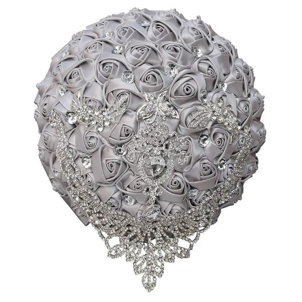 7.1 Inch Handmade Satin Rose Bridal Bouquet Toss Round Wedding Bouquet