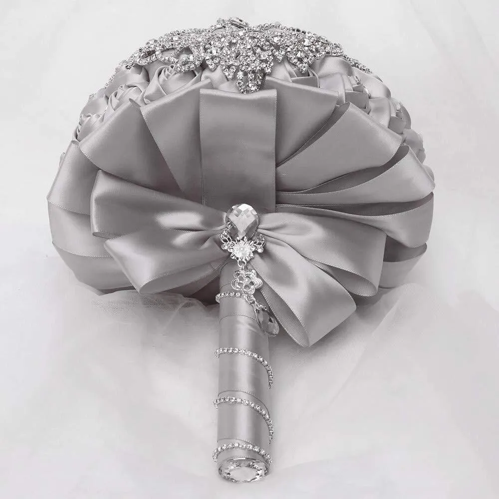 7.1 Inch Handmade Satin Rose Bridal Bouquet Toss Round Wedding Bouquet
