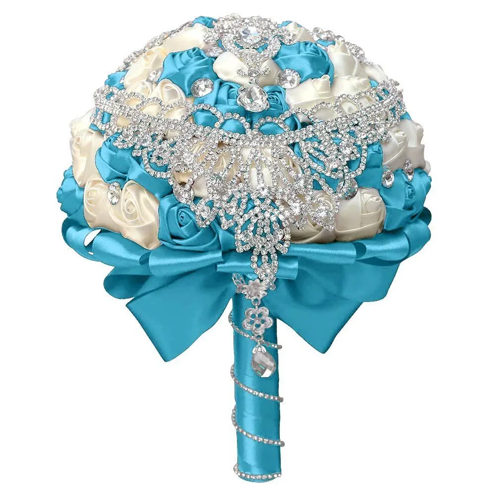 7.1 Inch Handmade Satin Rose Bridal Bouquet Toss Round Wedding Bouquet