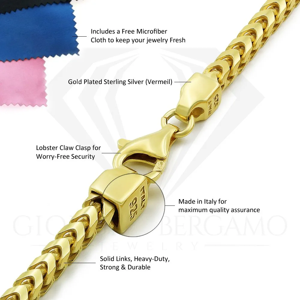 925 Sterling Silver 2.5mm Solid Franco Gold Plated Bracelet