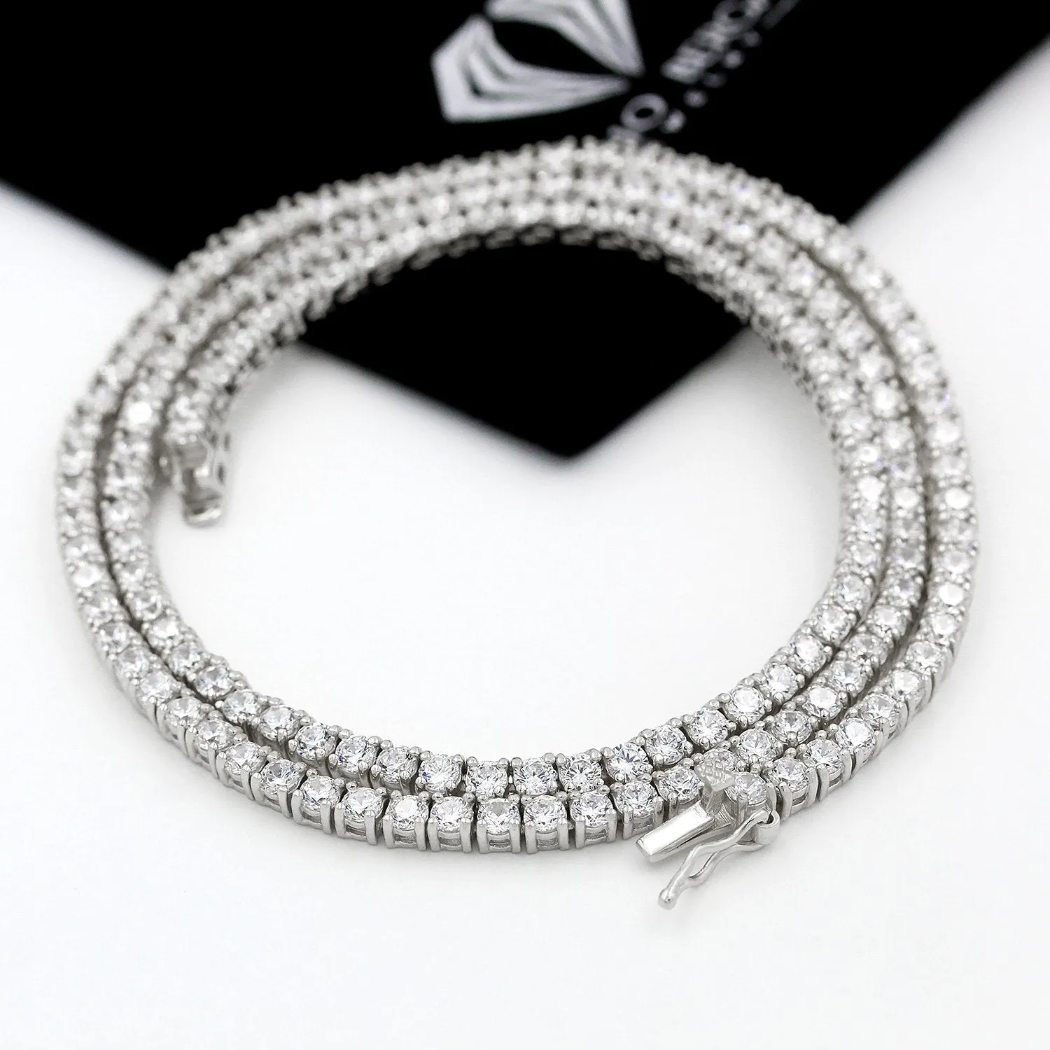 925 Sterling Silver 3mm Round Cut Tennis Necklace, Rhodium Plated