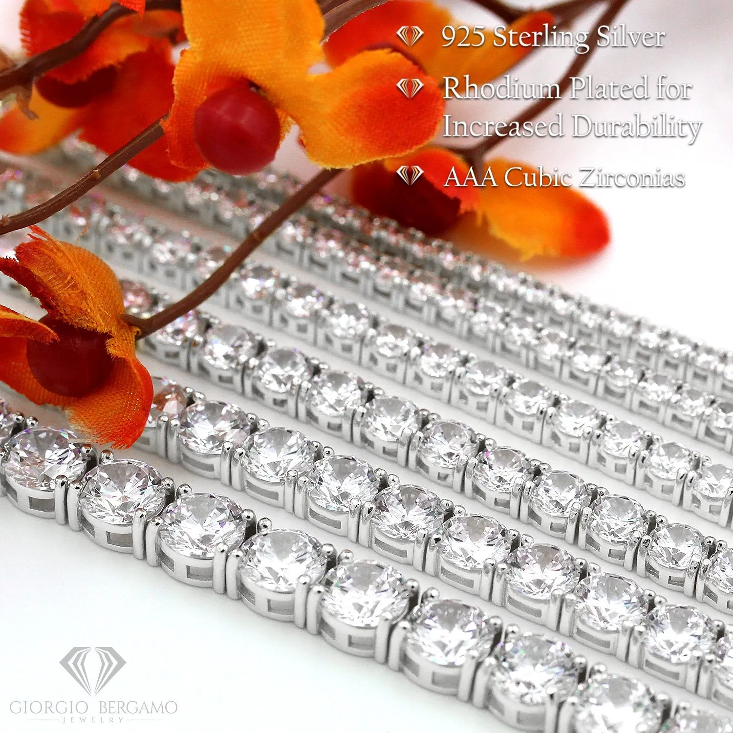 925 Sterling Silver 3mm Round Cut Tennis Necklace, Rhodium Plated