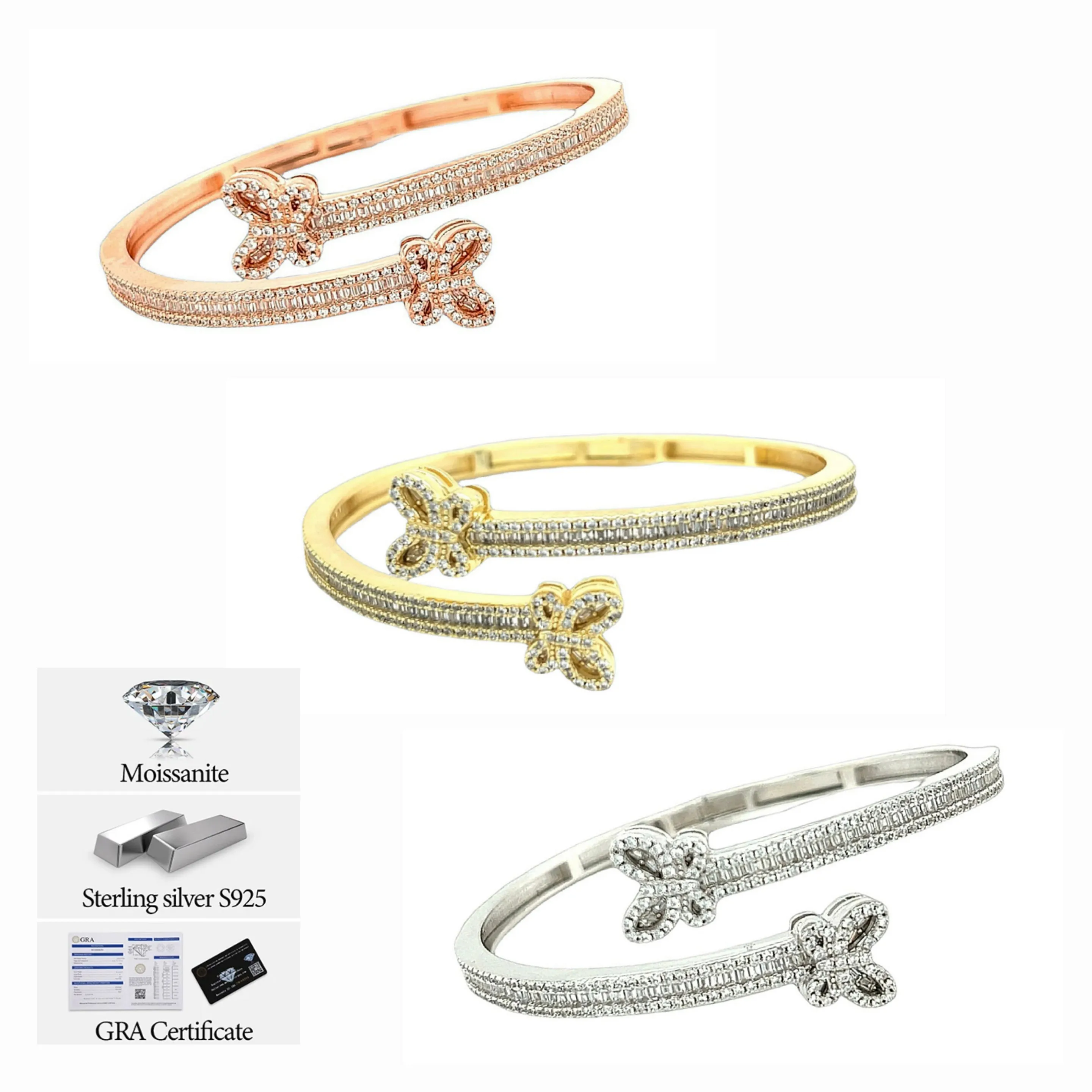 925 Sterling Silver Double Butterfly Shaped Bangle Bracelet - M304903